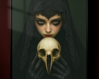 Gothic Veiled Woman Poster, Dark Fantasy Raven Skull Art, Occult Witchy Wall Decor, Surreal Macabre Print