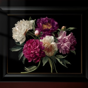 Poster con bouquet di peonie floreali scure - Arte murale botanica vintage, stampa di peonie bordeaux e crema, arredamento per la casa Moody Cottagecore