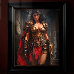 Decorazione murale fantasy raffigurante una dea paladina - Stampa di una guerriera in armatura, decorazione mitologica per la casa, poster fantasy di una donna forte