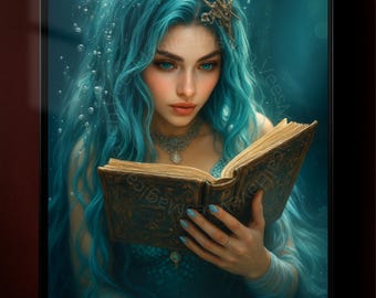 Mystieke zeemeermin leesboek Art Print | Fantasie onderwaterkunst aan de muur | Etherisch zeemeermindecor | Digitale download