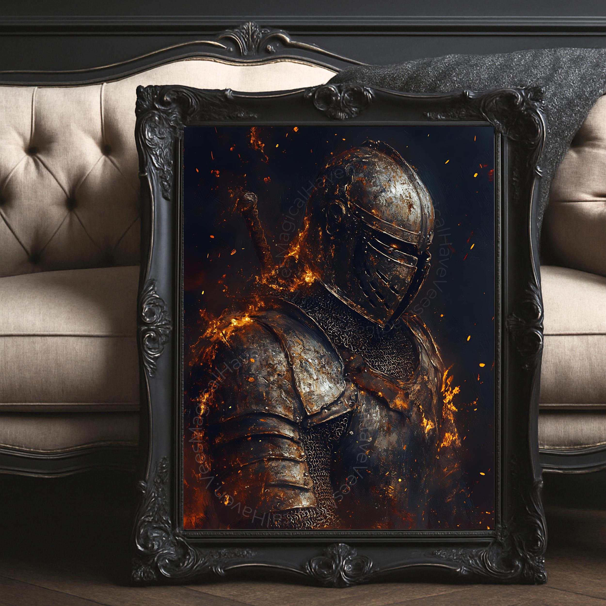 Burning Dark Knight Wall Art – Medieval Warrior in Armor Print, Fantasy ...
