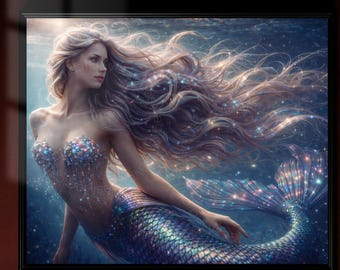 Serene Underwater Mermaid Print, Mermaid Wall Art, Ocean Mythical Decor, Ethereal Mermaid Fantasy Poster