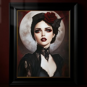 Splendido poster con ritratto a olio di un vampiro, decorazione da parete in stile vintage, sfondo rosso e luna piena, Dark Academia, regalo horror e gotico