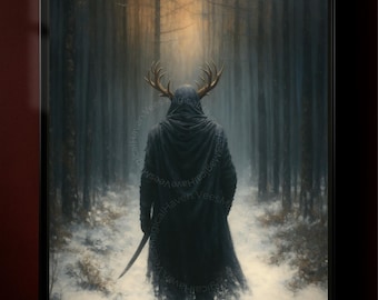 May include: A framed print depicting a figure in a black cloak and antlers walking through a snowy forest. The artwork has a dark, mysterious theme with a muted color palette, evoking a sense of fantasy and the supernatural.