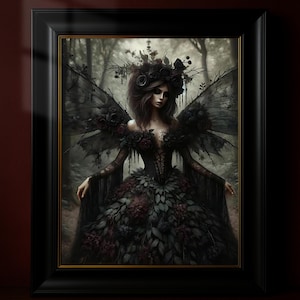 Gothic Fairy Digital Art Print – Dark Forest Fantasy Wall Decor, Black Winged Fairy Poster, Enchanted Woodland Creature Download