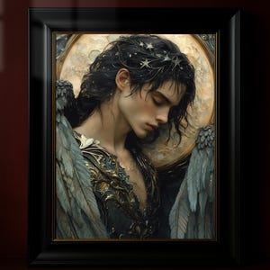 Sorrowful Male Angel Poster, Dark Academia Wall Art, Fantasy Print, Dark Cottagecore Decor