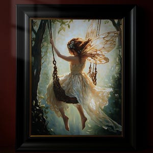 Fee auf Schaukel Wandbild, Zauberwald Poster, Feen Dekor, Fantasy Geschöpf Print, Zauberhaftes Bild