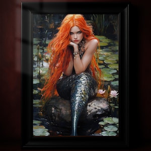 Póster de sirena de fantasía, arte de Dark Academia, decoración costera melancólica, sirena en un estanque de lirios, impresión de nenúfares serenos