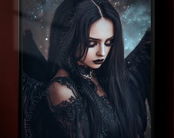 Impresión digital de ángel caído / Arte mural gótico de fantasía oscura / Póster de ángel celestial / Obra de arte femenina etérea y melancólica