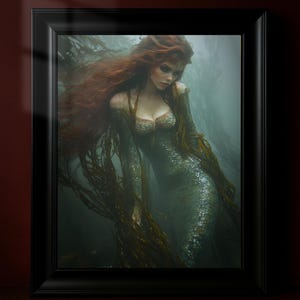 Dark Mermaid Poster, Gothic Fantasy Wandkunst, Eindringliche Kelp Wald Kreatur, Unterwasser Horror Ästhetik, Mythische Meeresgöttin Print