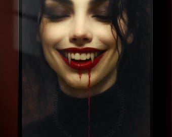 Vampire Smile Digital Art | Gothic Female Vampire Print | Dark Fantasy Decor | Horror Wall Art | Moody Vampire Portrait Poster