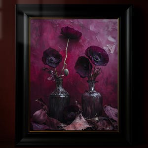 Poster da parete con papaveri gotici, tonalità bordeaux intenso e viola, decorazioni da parete con stampe floreali fantasy dark.