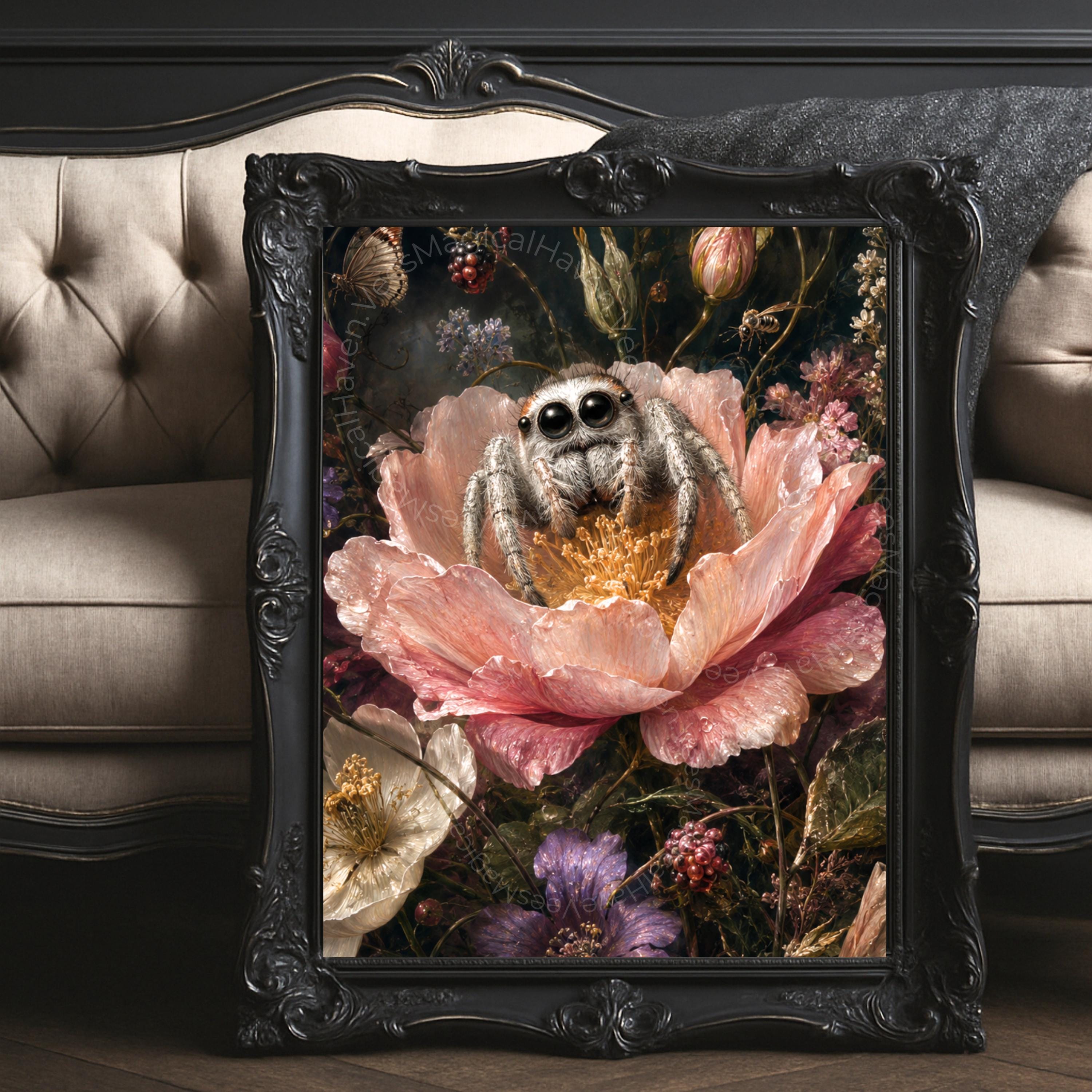 専用3 Cute Jumping Spider Wall Art, Floral Nature Print, Botanical