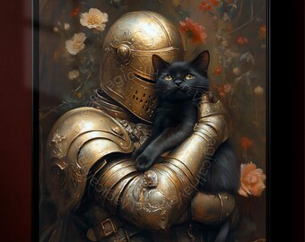 Medieval Knight Wall Art, Black Cat Fantasy Print, Gothic Warrior Poster, Dark Academia Decor