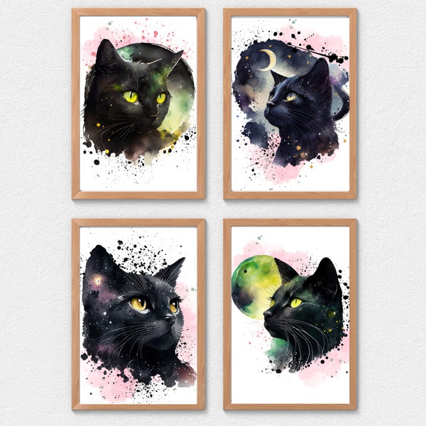 Cute Black Cat Watercolor Prints - Set of 4 PDF, Popular Feline Wall Art, Best-Selling Cat Lover Home Decor Gift