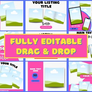Op de afbeelding: Een collage van afbeeldingen die aanpasbare social media-sjablonen laten zien met een landschapssc&egrave;ne met een groene heuvel, blauwe lucht en witte wolken. De tekst "FULLY EDITABLE DRAG & DROP" wordt weergegeven in een roze en gele banner.