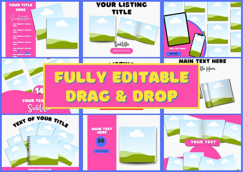 Op de afbeelding: Een collage van afbeeldingen die aanpasbare social media-sjablonen laten zien met een landschapssc&egrave;ne met een groene heuvel, blauwe lucht en witte wolken. De tekst "FULLY EDITABLE DRAG & DROP" wordt weergegeven in een roze en gele banner.