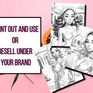 May include: Three black and white line art illustrations of women with long hair wearing swimwear. The women are in various poses and are surrounded by tropical plants and a building in the background. The text "PRINT OUT AND USE OR RESELL UNDER YOUR BRAND" is in a white box.