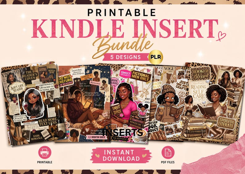 K&ouml;nnte beinhalten: Druckbares Kindle-Insert-Bundle mit f&uuml;nf Designs. Die Illustrationen zeigen lesende Frauen, mit Themen wie "Soft Life Reader" und "Smut Spice". Das Bundle enth&auml;lt sofortige PDF-Downloads.