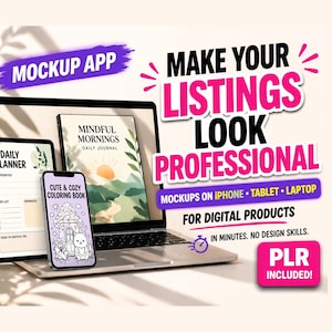 May include: A laptop, tablet, and smartphone display digital product mockups. The screen of the laptop shows a journal cover with a landscape illustration. The tablet displays a daily planner, and the phone shows a coloring book.