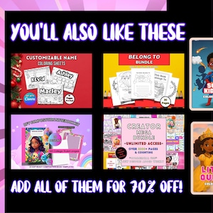 Pu&ograve; includere: Immagine promozionale con vari prodotti digitali, tra cui fogli da colorare con nomi personalizzabili, libri da colorare e un mega pacchetto creatore. Il testo include "You'll Also Like These" e "Add All of Them for 70% Off!"