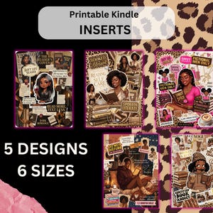 K&ouml;nnte beinhalten: Druckbare Kindle-Eins&auml;tze mit f&uuml;nf einzigartigen Designs in sechs Gr&ouml;&szlig;en. Die Eins&auml;tze zeigen Collagen mit Illustrationen von lesenden Frauen, umgeben von B&uuml;chern und Text. Der Hintergrund hat ein Leopardenmuster.