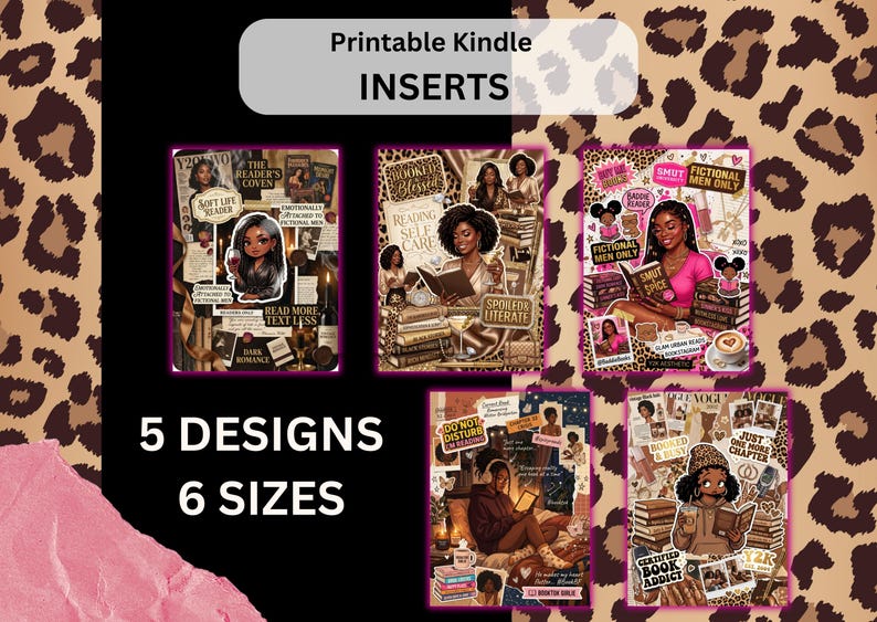 K&ouml;nnte beinhalten: Druckbare Kindle-Eins&auml;tze mit f&uuml;nf einzigartigen Designs in sechs Gr&ouml;&szlig;en. Die Eins&auml;tze zeigen Collagen mit Illustrationen von lesenden Frauen, umgeben von B&uuml;chern und Text. Der Hintergrund hat ein Leopardenmuster.