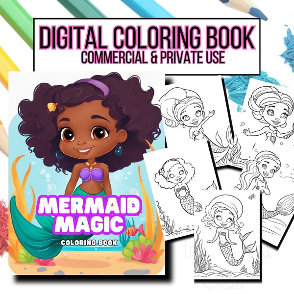mermaid coloring book PLR coloring books for resell plr rights african american girl coloring page private label license coloring