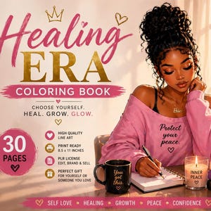 Libro para colorear de la era de la sanación para mujeres / 30 páginas para colorear sobre amor propio y sanación / Libro para colorear para mujeres negras / Paquete de libros para colorear PLR