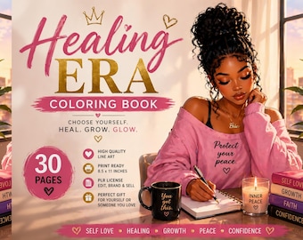 Healing Era Malbuch für Frauen | 30 Seiten Selbstliebe & Heilung Malvorlagen | Schwarze Frau Malbuch | PLR Malbuch-Bundle
