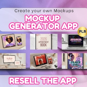 Könnte beinhalten: Werbebild für die "Mockup Generator App" mit Mockups auf Tablets, Telefonen und Laptops. Der Text "Create your own Mockups" und "Resell the App" ist ebenfalls enthalten.