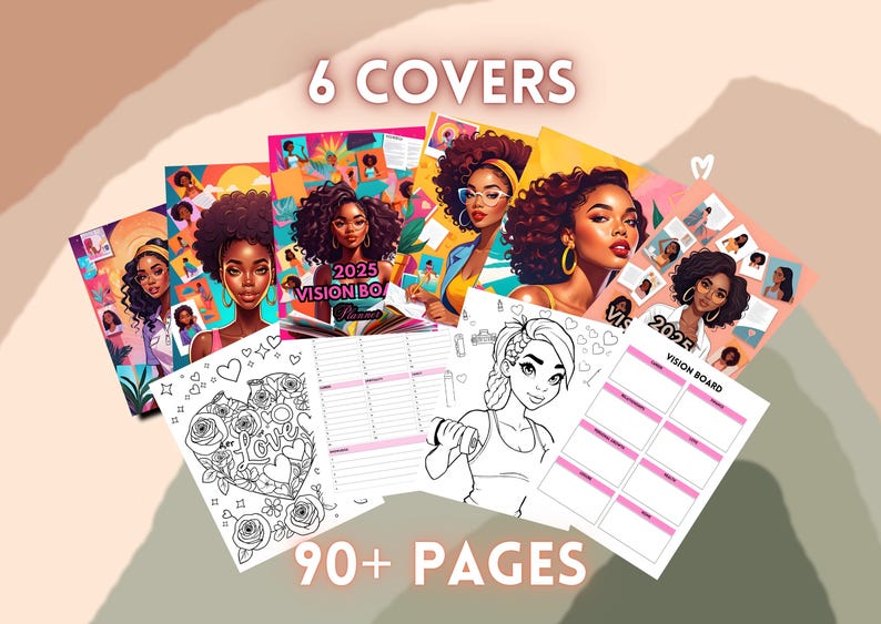 Vision Board Coloring Planner 2025 Colouring Pages Melanin PLR ...