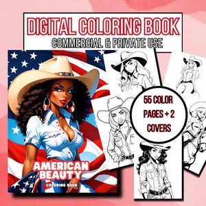 カウガールぬり絵本 アメリカンビューティー PLR 大人向けぬり絵ページ kdp インテリア 商用利用 デジタルダウンロード 印刷可能なぬり絵本