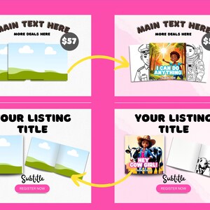 Op de afbeelding: Twee mockups van Etsy-listings voor kleurboeken. De eerste mockup toont een kleurboek met een landschapssc&egrave;ne. De tweede mockup toont een kleurboek met een meisje in een cowboyhoed. Beide mockups hebben de tekst "Uw lijsttitel" en "Ondertitel" en een knop met de tekst "Nu registreren".