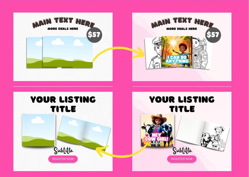 Op de afbeelding: Twee mockups van Etsy-listings voor kleurboeken. De eerste mockup toont een kleurboek met een landschapssc&egrave;ne. De tweede mockup toont een kleurboek met een meisje in een cowboyhoed. Beide mockups hebben de tekst "Uw lijsttitel" en "Ondertitel" en een knop met de tekst "Nu registreren".