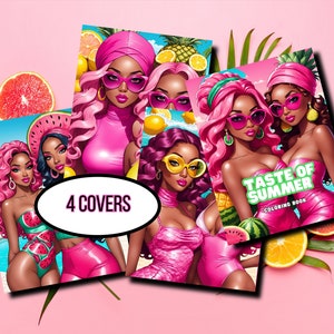 May include: Four different covers for a coloring book titled "Taste of Summer Coloring Book". Each cover features a woman with pink hair and a pink outfit, surrounded by fruit and tropical plants.