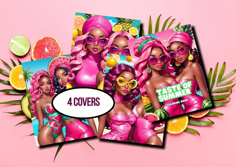 May include: Four different covers for a coloring book titled "Taste of Summer Coloring Book". Each cover features a woman with pink hair and a pink outfit, surrounded by fruit and tropical plants.
