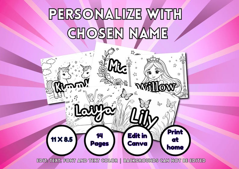 Pu&ograve; includere: Pagine da colorare stampabili con nomi personalizzati, tra cui unicorni, fate e farfalle. Le pagine misurano 27,9 x 21,6 cm e possono essere modificate in Canva. Il testo "PERSONALIZZA CON IL NOME SCELTO" &egrave; in alto.