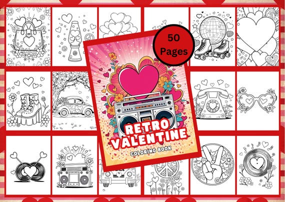 Retro Valentine Coloring Book | 50 Printable Pages (Digital Download