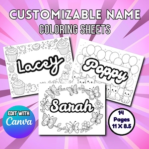 Pu&ograve; includere: Fogli da colorare con nomi personalizzabili con i nomi Lacey, Poppy e Sarah. Ogni nome &egrave; circondato da elementi decorativi come cupcake, palloncini e farfalle. I fogli misurano 27,9 x 21,6 cm e possono essere modificati con Canva.