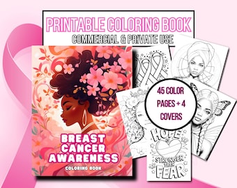 May include: A collection of coloring books with the theme of breast cancer awareness. The main book cover features a woman with flowers in her hair. The text reads "Breast Cancer Awareness Coloring Book". Additional pages include the text "45 Color Pages + 4 Covers".