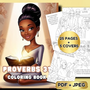 Puede incluir: Un libro para colorear en blanco y negro con una portada que muestra a una mujer leyendo un libro. El título del libro es "Proverbios 31 Libro para colorear".