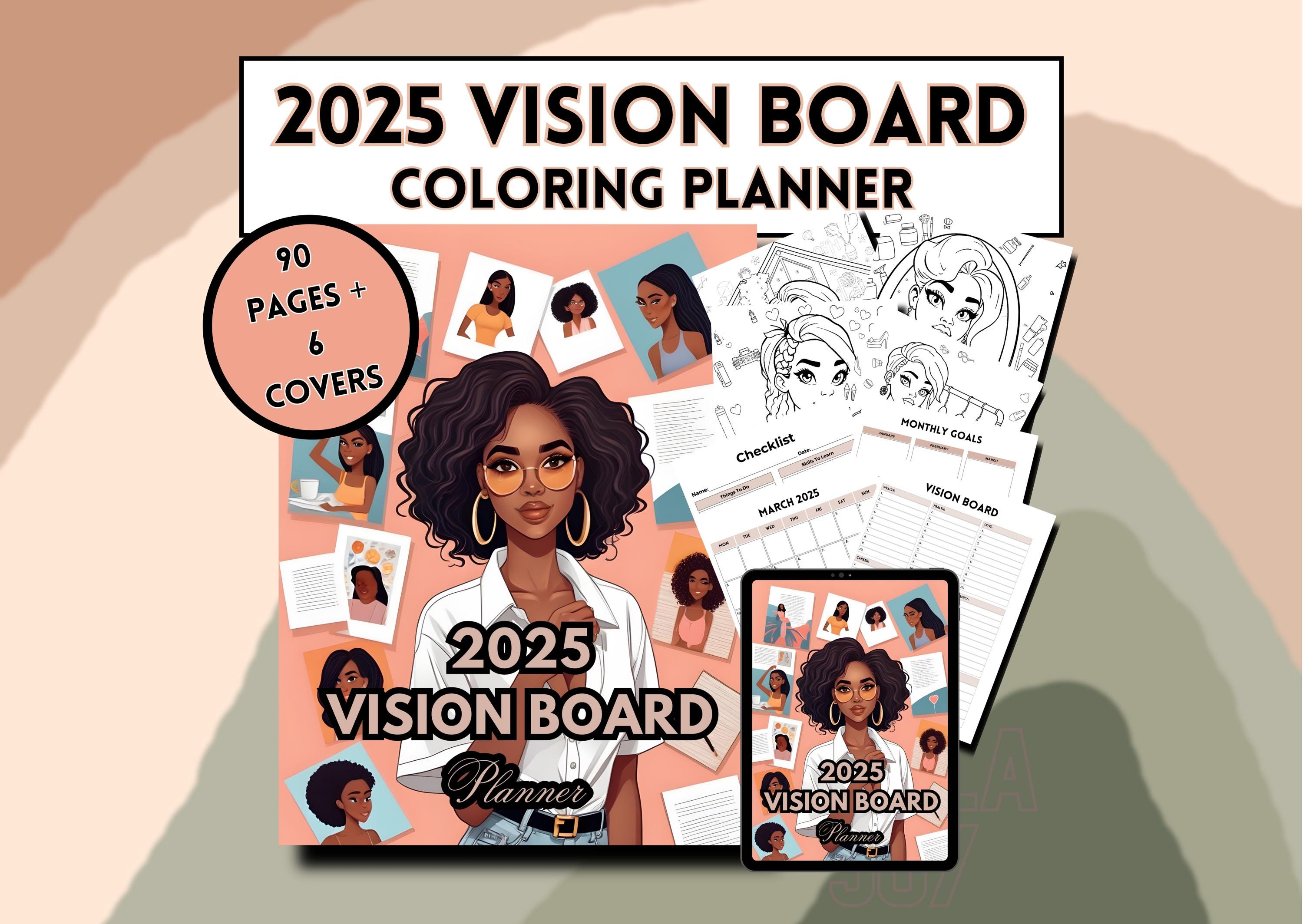 Vision Board Coloring Planner 2025 colouring pages melanin PLR printable activity done for you customizable kdp interiors Goal Setting