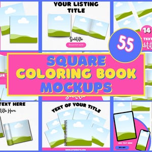 Modelli di mockup di libri quadrati in tela Libro da colorare Modello di foto per inserzioni di venditori Etsy per libri per bambini Contenuto KDP A+ Visualizzazione della pagina da colorare
