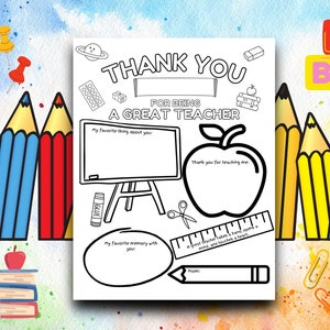Cadeau de remerciement pour enseignant Imprimable, cadeau de la semaine de remerciement pour enseignant, école pour enfants, coloriage Merci enseignant, utilisation commerciale DPP