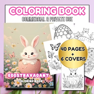 以下が含まれることがあります： 表紙に卵の中にいるウサギが描かれた白黒の塗り絵。本のタイトルは「Eggstravagant Coloring Book」。この本は40ページと6つの表紙があります。
