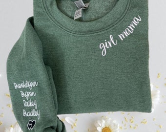 Custom Embroidered Girl Mama Sweatshirt with Kid Names on Sleeve, Personalized Gift for Girl Mama, New Girl Mama Mother's Day Birthday Gift