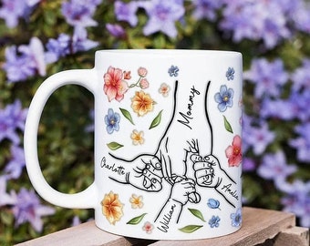 Personalized Watercolor Flower 1-9 Holding Hands Mug with Name, Also Our Hearts Mug, Personalized Custom 3D Inflated Effect Printed Mug