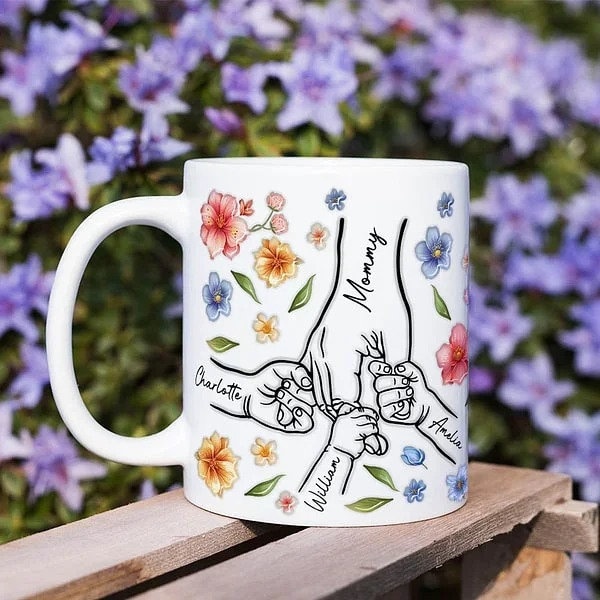 Personalized Watercolor Flower 1-9 Holding Hands Mug with Name, Also Our Hearts Mug, Personalized Custom 3D Inflated Effect Printed Mug