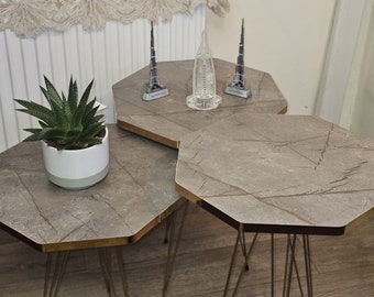 Wooden White & Grey Marble effect Nesting Coffee Tables set of 3